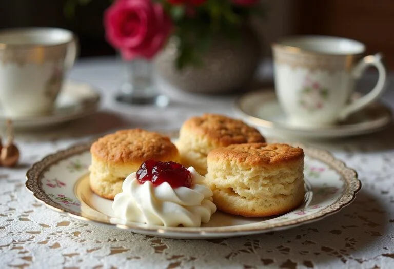 Elegant English scones served on a fine china plate with cream and jam, displayed on a lace tablecloth in a sophisticated, vintage-inspired dining room reminiscent of Emily Gilmore's refined style.