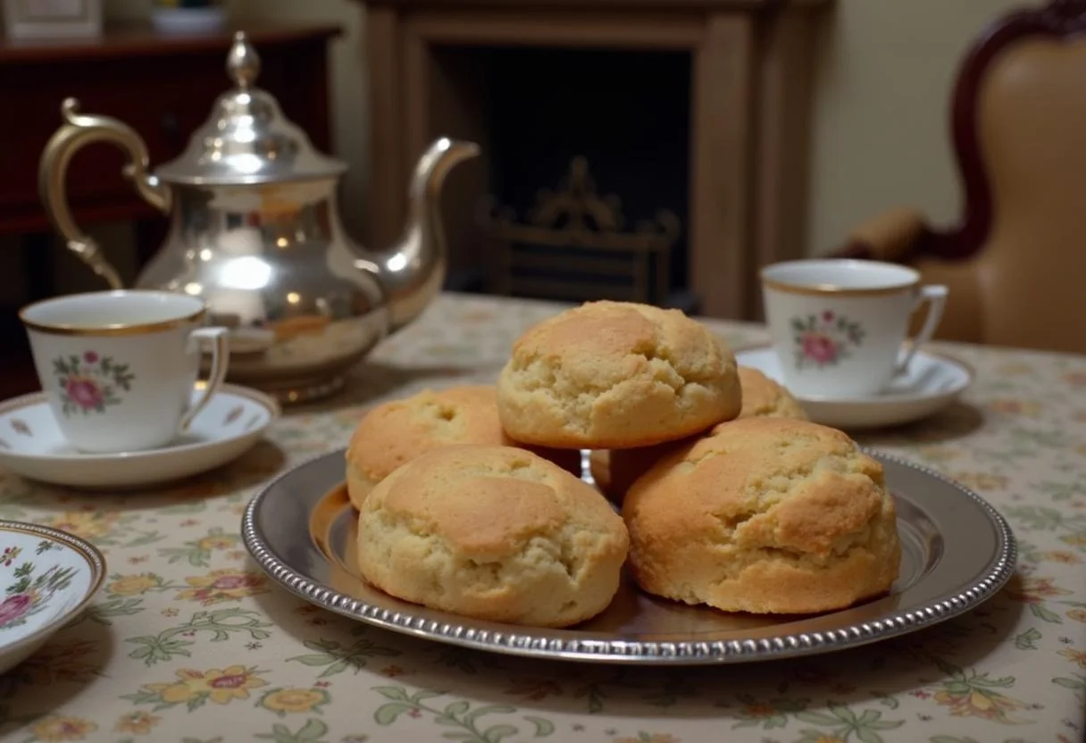 Freshly baked English scones displayed on a silver tray with a teapot and fine china cups, set in a cozy, elegant drawing room decorated with vintage furniture and floral accents inspired by Gilmore Girls.
