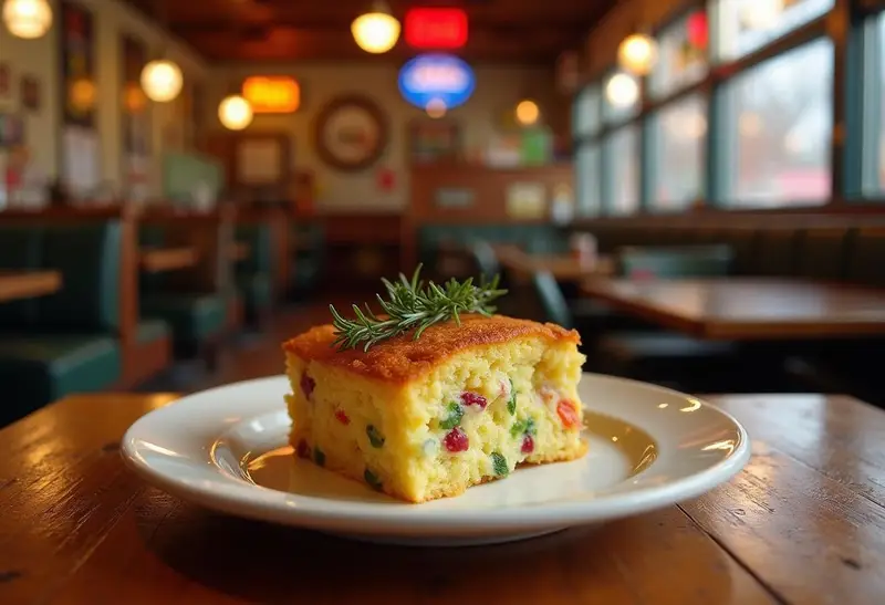 A realistic shot of Kirk's Kooky Kugel on a plate inside Luke's Diner from Gilmore Girls. The kugel is golden-brown, with vibrant ingredients visible, set on a wooden table with diner-style decor and warm lighting.