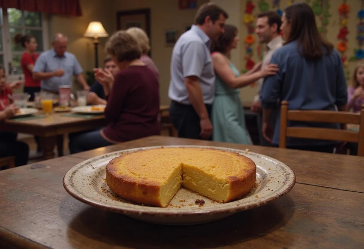 An immersive scene of Kirk's Kooky Kugel served at a community gathering in Stars Hollow, with the dish presented on a platter amidst a festive outdoor setting, reflecting the friendly and quirky spirit of Gilmore Girls.