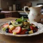 Beautifully plated Miss Patty's Founding Fathers Fruit Salad on a vintage dish, arranged with fresh strawberries, blueberries, pineapple, and kiwi, set in a cozy Gilmore Girls-inspired kitchen scene with rustic and nostalgic details.