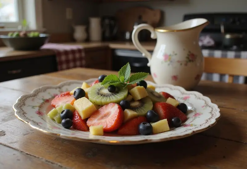 Beautifully plated Miss Patty's Founding Fathers Fruit Salad on a vintage dish, arranged with fresh strawberries, blueberries, pineapple, and kiwi, set in a cozy Gilmore Girls-inspired kitchen scene with rustic and nostalgic details.