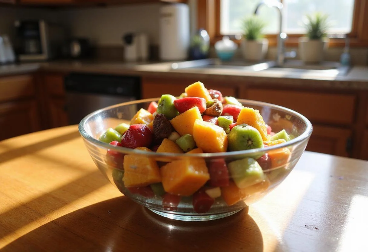 Close-up of Miss Patty's fruit salad in a glass bowl, featuring bright strawberries, blueberries, pineapple, and kiwi, in a cozy kitchen setting inspired by Gilmore Girls, with natural light highlighting the fresh ingredients.