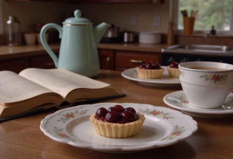 Close-up of Rory's Chilton Cherry Tarts beautifully arranged on a plate in a cozy kitchen setting inspired by Gilmore Girls, with warm lighting and subtle vintage decor highlighting a classic TV show baking vibe.
