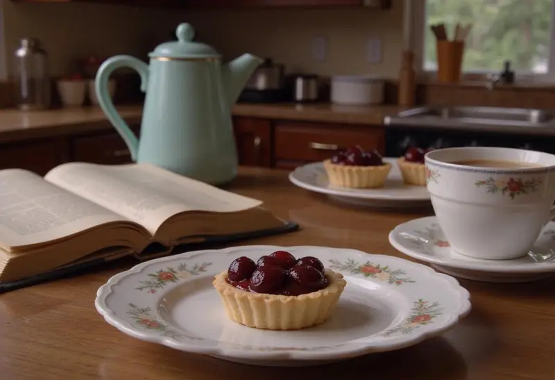 Close-up of Rory's Chilton Cherry Tarts beautifully arranged on a plate in a cozy kitchen setting inspired by Gilmore Girls, with warm lighting and subtle vintage decor highlighting a classic TV show baking vibe.