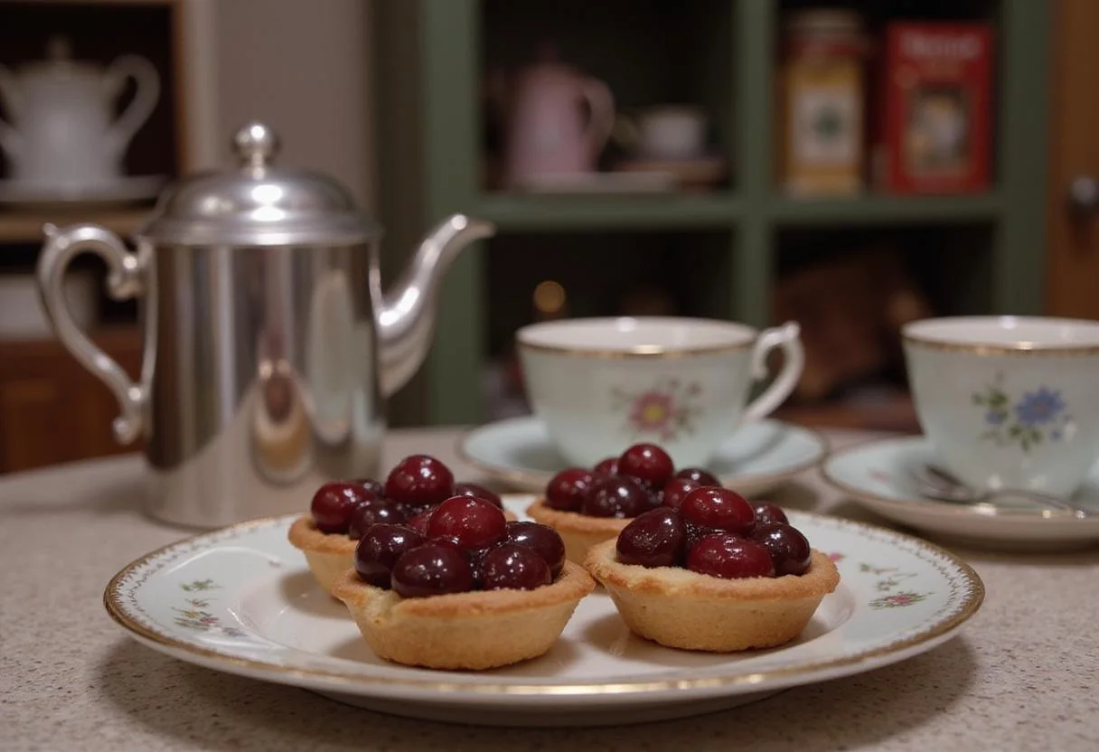 Realistic image of Rory's Chilton Cherry Tarts displayed on a serving platter in a cozy Gilmore Girls kitchen, with warm lighting, vintage decor, and a comforting atmosphere that evokes the show's homey spirit of baking and family moments.