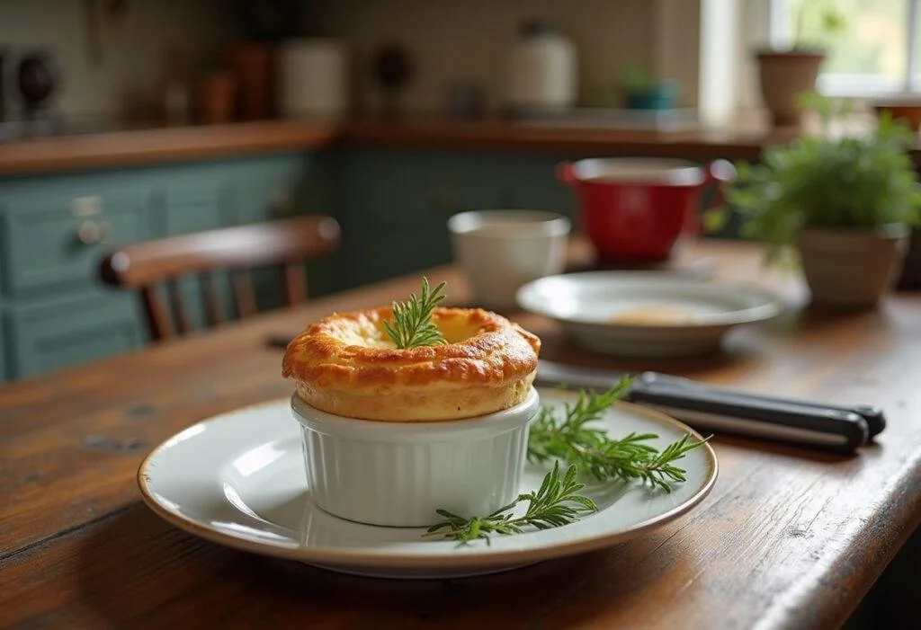 A realistic image of Sookie St. James's salmon soufflé, elegantly plated with herbs, set on a rustic wooden table in a cozy kitchen with vintage dishes, capturing the charming and homey feel of Gilmore Girls.