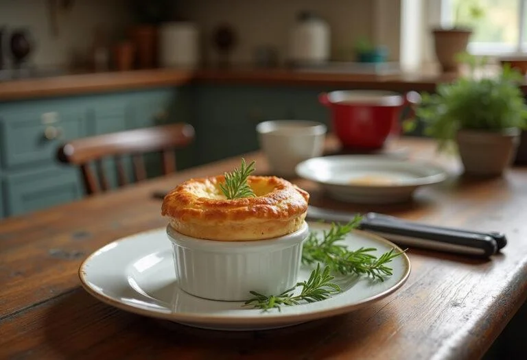 A realistic image of Sookie St. James's salmon soufflé, elegantly plated with herbs, set on a rustic wooden table in a cozy kitchen with vintage dishes, capturing the charming and homey feel of Gilmore Girls.