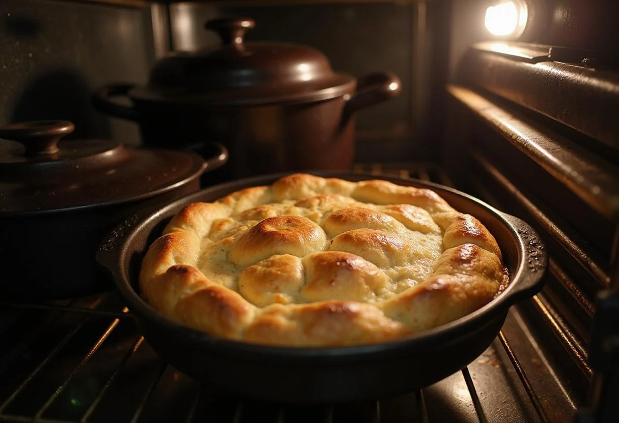 A scene from Gilmore Girls showing Sookie’s salmon soufflé just baked in a vintage oven, golden and fluffy, in a warm, rustic kitchen setting, emphasizing the comfort and charm of the show’s cooking scenes.