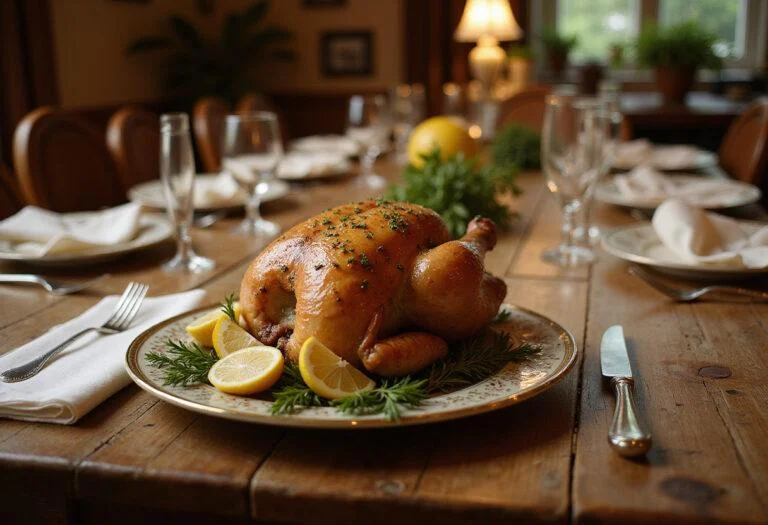 Realistic image of Salma Hayek's lemon herb roasted chicken served on a plate, resting on a rustic wooden table in a cozy movie-inspired dining room with warm lighting, lemon slices, and fresh herbs for garnish, evoking an elegant movie dinner setting.