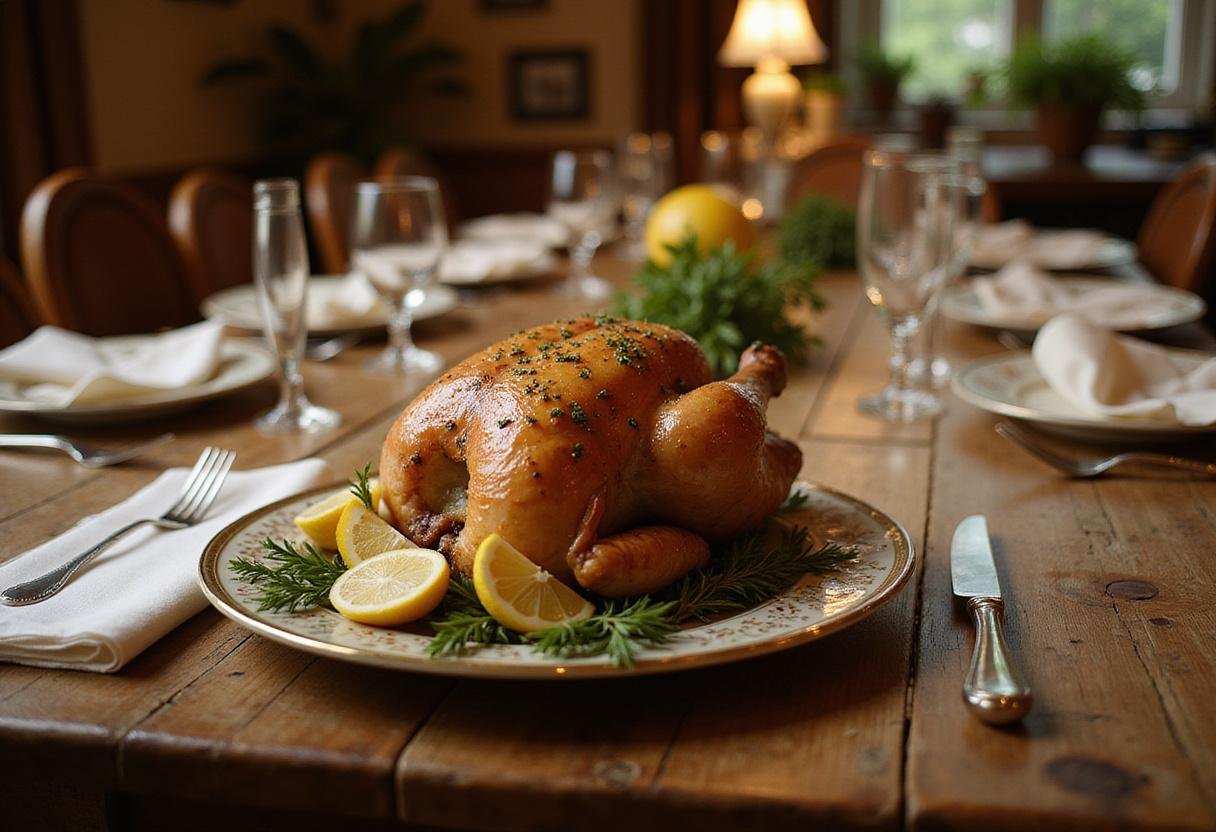 Realistic image of Salma Hayek's lemon herb roasted chicken served on a plate, resting on a rustic wooden table in a cozy movie-inspired dining room with warm lighting, lemon slices, and fresh herbs for garnish, evoking an elegant movie dinner setting.