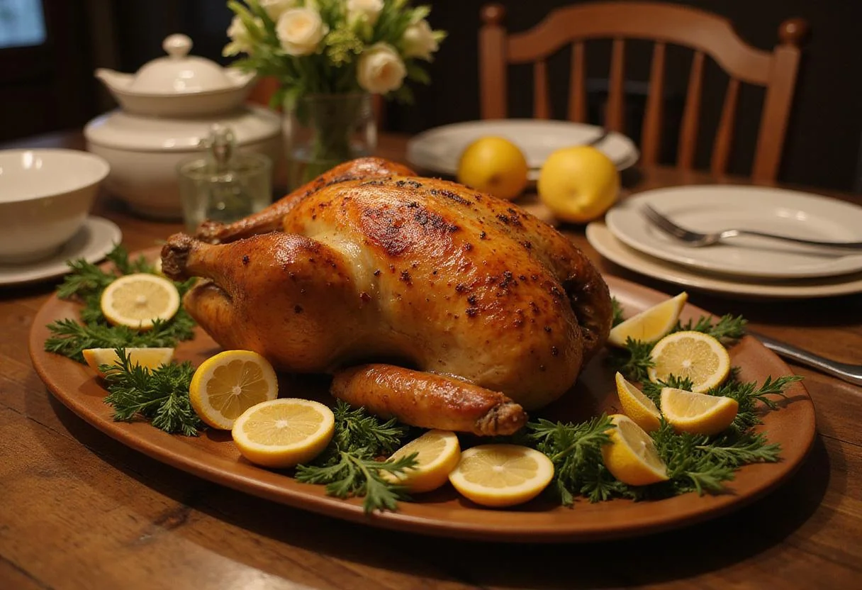 Realistic scene of Salma Hayek's Grown Ups Lemon Herb Roasted Chicken on a wooden platter with lemon slices and herbs, set in a cozy movie-inspired kitchen environment with vintage dishes and soft lighting, evoking a warm family dinner atmosphere.