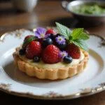 Realistic image of Alana Bloom's Blossom Berry Tart on an elegant plate with fresh berries and edible flowers, set on a vintage wooden table with soft natural lighting, evoking a refined and sophisticated atmosphere inspired by Hannibal’s world.