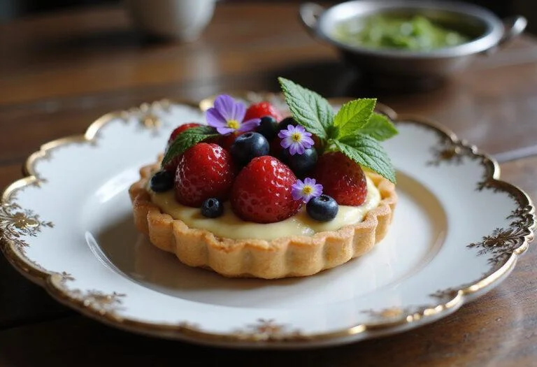 Realistic image of Alana Bloom's Blossom Berry Tart on an elegant plate with fresh berries and edible flowers, set on a vintage wooden table with soft natural lighting, evoking a refined and sophisticated atmosphere inspired by Hannibal’s world.