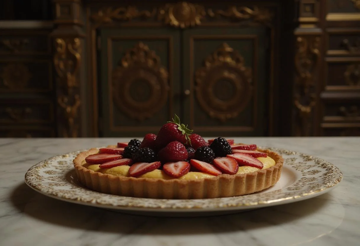 Realistic scene of Alana Bloom's Blossom Berry Tart on a marble countertop in an ornate, vintage kitchen with warm lighting, showing a refined dessert prepared for presentation in Hannibal’s sophisticated world.