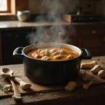 Close-up of a steaming bowl of Hannibal Mason Verger's marrow bone soup on a dark wooden table, garnished with fresh herbs. The setting suggests a gothic kitchen with antique utensils and bones laid out nearby, creating a moody, horror-inspired scene emphasizing the richness of the bone broth.