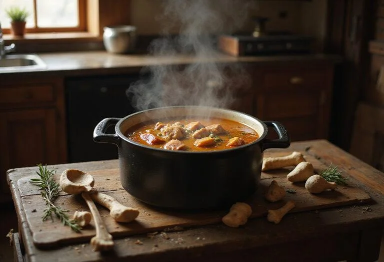 Close-up of a steaming bowl of Hannibal Mason Verger's marrow bone soup on a dark wooden table, garnished with fresh herbs. The setting suggests a gothic kitchen with antique utensils and bones laid out nearby, creating a moody, horror-inspired scene emphasizing the richness of the bone broth.