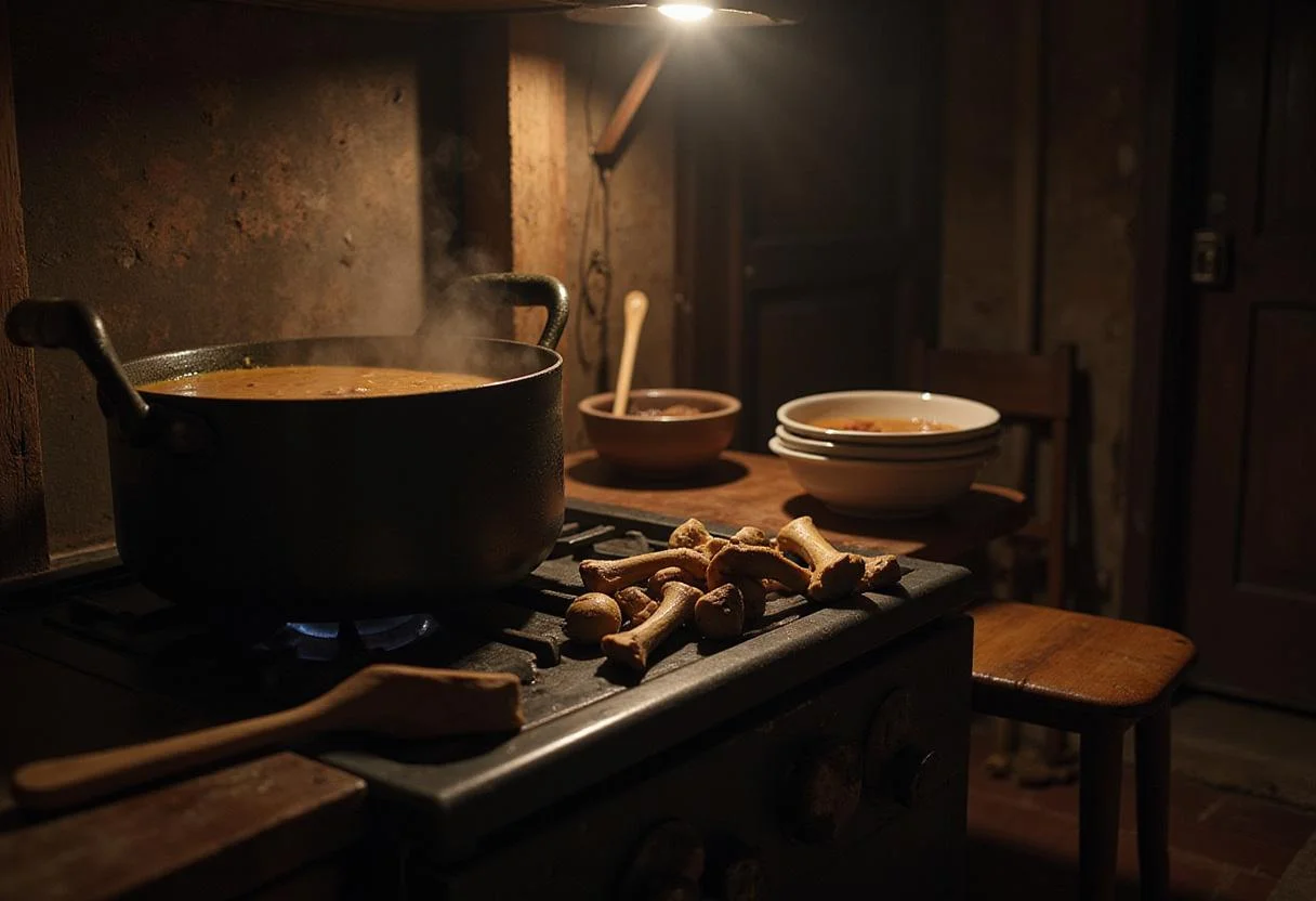 A rustic scene showing marrow bone soup bubbling in a large vintage pot on a stove, surrounded by bones and antique kitchen tools. The dim lighting and shadows create a suspenseful, horror-inspired ambiance, emphasizing the dark, intense mood of the setting.