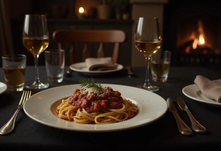 A realistic image of Chesapeake Ripper's Red Sauce Pasta elegantly plated on a dark dining table, showcasing the rich red sauce, fresh herbs, and Parmesan cheese, set within a refined and atmospheric setting themed to Hannibal's world, evoking a sense of dark sophistication and culinary artistry.