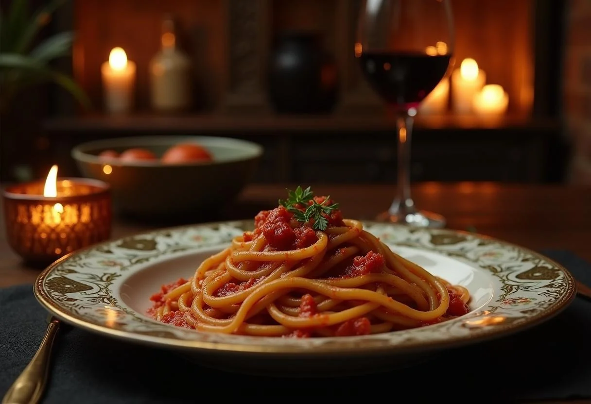 An atmospheric scene of Chesapeake Ripper's Red Sauce Pasta served in a Gothic-inspired dining setting, with vintage tableware and moody lighting, evoking a dark, elegant, and eerie mood associated with Hannibal's culinary style.