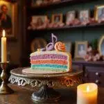 A realistic image of Celestina Warbeck's Sweet Symphony Cake displayed on a vintage cake stand inside a magical bakery, with shelves filled with colorful wizarding desserts and enchanted portraits on the walls, illuminated by soft candlelight.