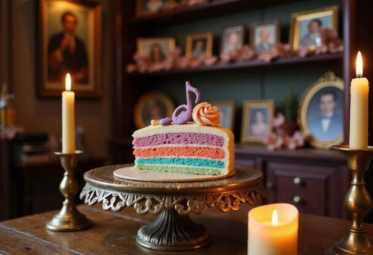 A realistic image of Celestina Warbeck's Sweet Symphony Cake displayed on a vintage cake stand inside a magical bakery, with shelves filled with colorful wizarding desserts and enchanted portraits on the walls, illuminated by soft candlelight.