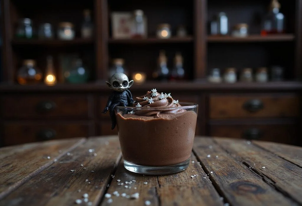 A realistic image of Harry Potter Dementor's Kiss Chocolate Mousse served in a glass cup with chocolate ganache and edible silver stars, set on a dark wooden table surrounded by Hogwarts-themed potions and books, evoking a magical and mysterious atmosphere.