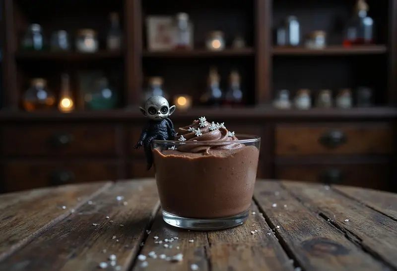 A realistic image of Harry Potter Dementor's Kiss Chocolate Mousse served in a glass cup with chocolate ganache and edible silver stars, set on a dark wooden table surrounded by Hogwarts-themed potions and books, evoking a magical and mysterious atmosphere.