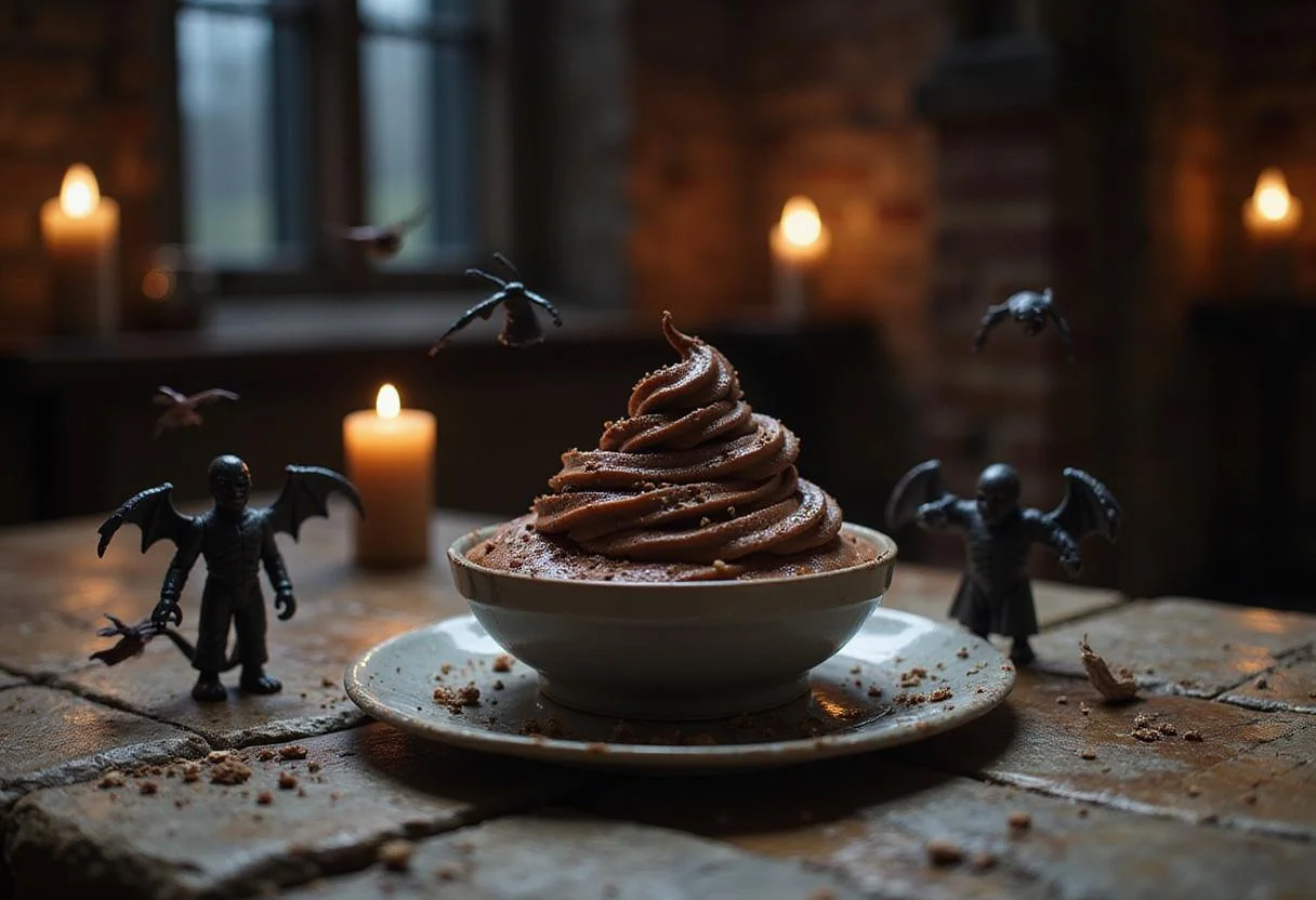 An immersive scene of Dementor's Kiss Chocolate Mousse on a stone table in Hogwarts' Great Hall, with Dementor figurines and floating candles creating a magical and enchanting atmosphere fitting for the Harry Potter universe. This Dementor's Kiss mousse is a hallmark of magical sweets.