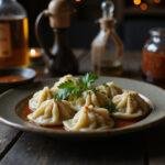A detailed image of Durmstrang dumplings plated on a rustic wooden table, surrounded by magical objects and glowing symbols, capturing the mysterious and enchanting atmosphere of Harry Potter's Durmstrang school.
