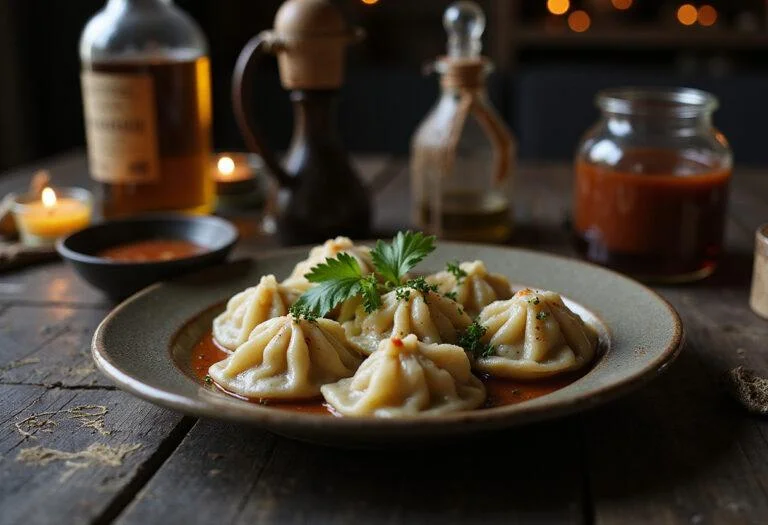 A detailed image of Durmstrang dumplings plated on a rustic wooden table, surrounded by magical objects and glowing symbols, capturing the mysterious and enchanting atmosphere of Harry Potter's Durmstrang school.
