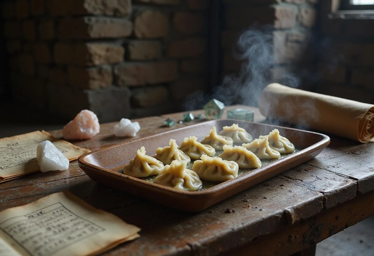 Durmstrang dumplings cooling on a stone table inside the school’s mystical kitchen, with magical artifacts and runes creating an atmospheric background characteristic of Harry Potter's Durmstrang setting.