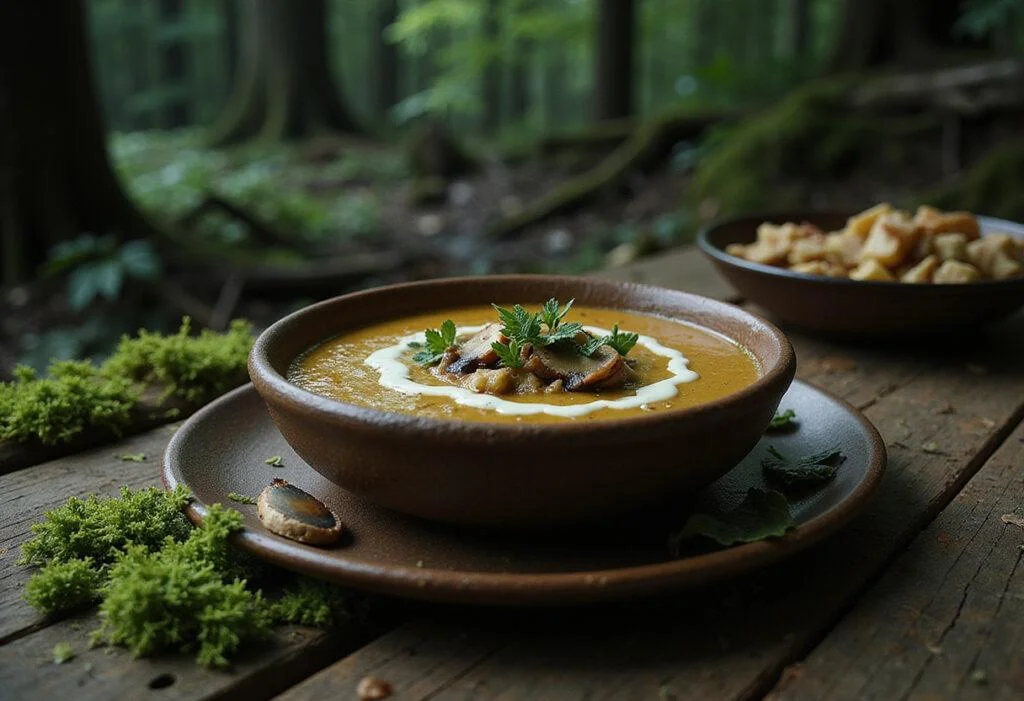 A realistic image of Harry Potter Forbidden Forest Mushroom Soup served in a rustic bowl on a wooden table surrounded by moss, fungi, and enchanted forest elements, capturing the magical and mysterious atmosphere of the Forbidden Forest.