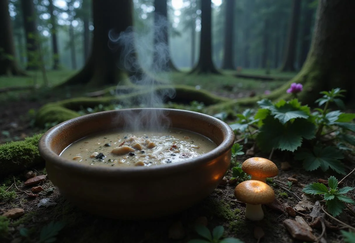 A close-up of Harry Potter Forbidden Forest Mushroom Soup steaming in a rustic bowl, in an enchanted forest scene with tall trees and magical plants, capturing the mystical atmosphere of the Forbidden Forest.