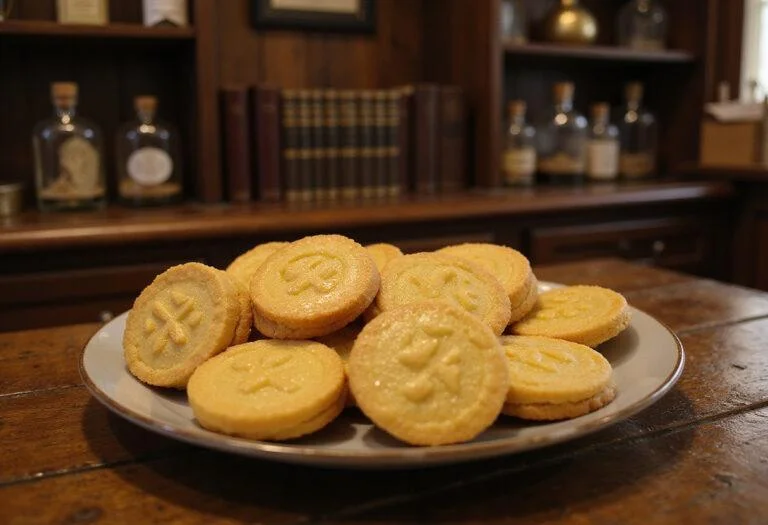 Realistic image of Harry Potter Gringotts Goblin Gold Galleons cookies displayed on a wooden table inside a wizarding kitchen. The cookies are shiny, gold-colored, shaped like treasure coins, with intricate designs, set against shelves filled with magical paraphernalia and old books, creating a magical atmosphere.