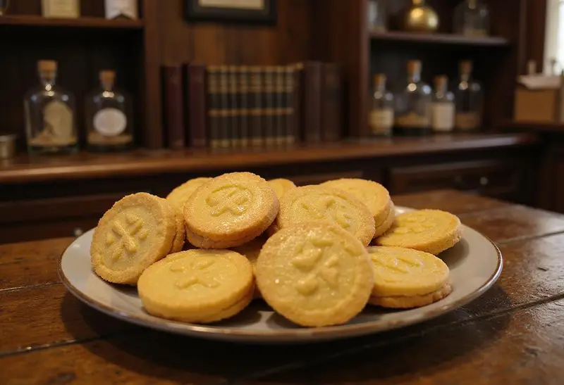 Realistic image of Harry Potter Gringotts Goblin Gold Galleons cookies displayed on a wooden table inside a wizarding kitchen. The cookies are shiny, gold-colored, shaped like treasure coins, with intricate designs, set against shelves filled with magical paraphernalia and old books, creating a magical atmosphere.