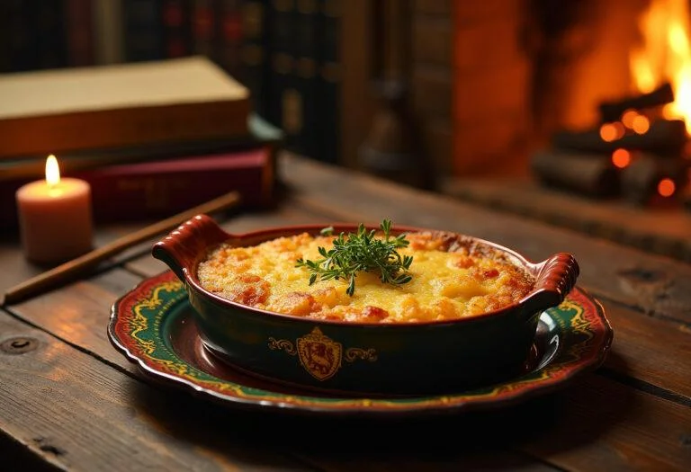 A beautifully plated Harry Potter Gryffindor Gala Gratin seen in the Gryffindor common room setting, featuring a golden, bubbly gratin in a vintage dish with Hogwarts-themed detailing, surrounded by wizarding decorations and a cozy fireplace.