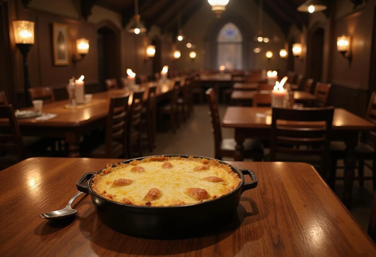 A tempting image of the Gryffindor Gala Gratin on a wooden table, emanating a warm, inviting glow reminiscent of Hogwarts' Great Hall, featuring a golden, bubbling cheese crust and a serving utensil poised to share this magical creation.