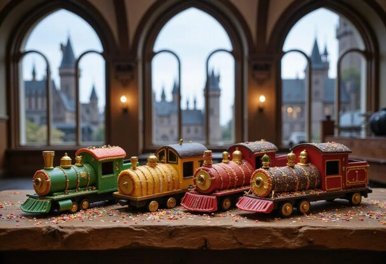 Close-up of Hogwarts Express edible train cars decorated with bright icing and candies, displayed on a wooden table inside a magical train station with Hogwarts castle visible through windows, evoking the wizarding world of Harry Potter.