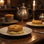 A beautifully plated Kreacher's Cottage Pie displayed on a rustic wooden table in a magical kitchen setting, with warm lighting and vintage utensils, capturing the cozy, wizarding world ambiance from Harry Potter.