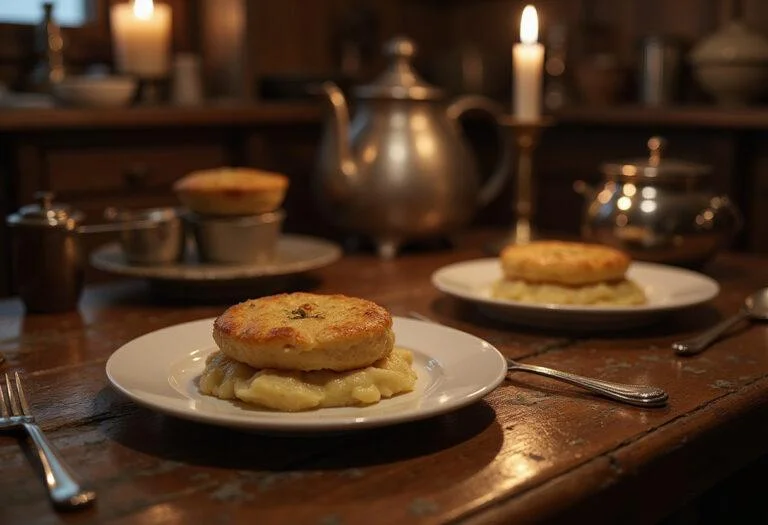 A beautifully plated Kreacher's Cottage Pie displayed on a rustic wooden table in a magical kitchen setting, with warm lighting and vintage utensils, capturing the cozy, wizarding world ambiance from Harry Potter.