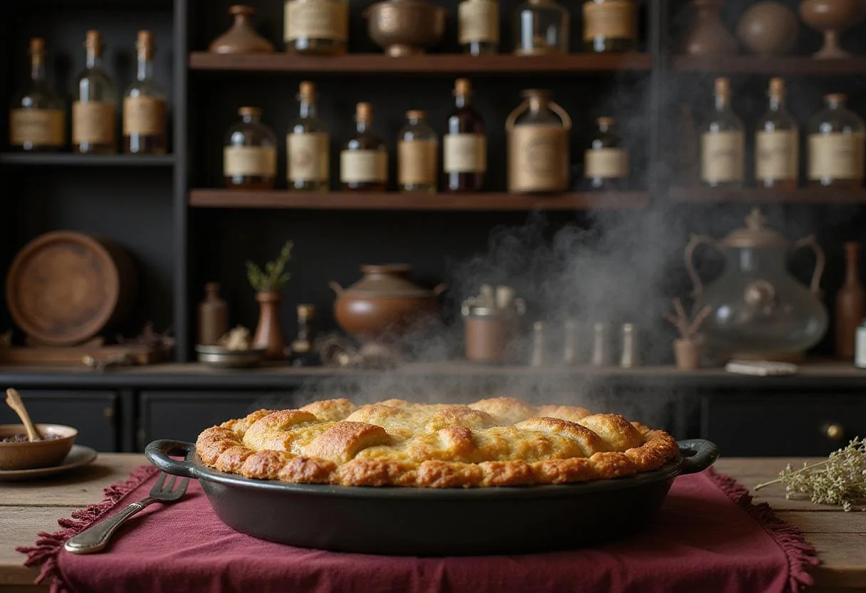 A warm scene of Kreacher’s Cottage Pie on a kitchen counter inside a magical, wizarding home, with shelves of potions and artifacts in the background, evoking a cozy, enchanted atmosphere from Harry Potter.