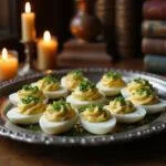 Harry Potter-inspired dreamy deviled eggs on a silver platter in a wizarding kitchen, with magical green garnish and warm candlelight, evoking the mysterious glow of the Mirror of Erised.