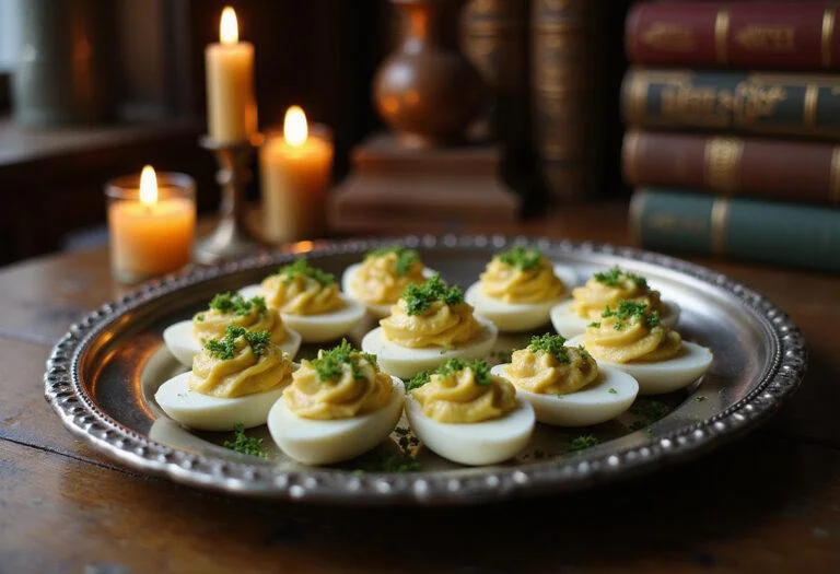 Harry Potter-inspired dreamy deviled eggs on a silver platter in a wizarding kitchen, with magical green garnish and warm candlelight, evoking the mysterious glow of the Mirror of Erised.
