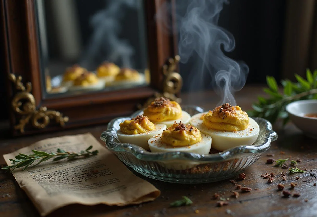 Close-up of Harry Potter-inspired deviled eggs with shimmering garnish, set on a wooden table near a glowing magical mirror reflecting an enchanted scene, surrounded by herbs and spell scrolls.