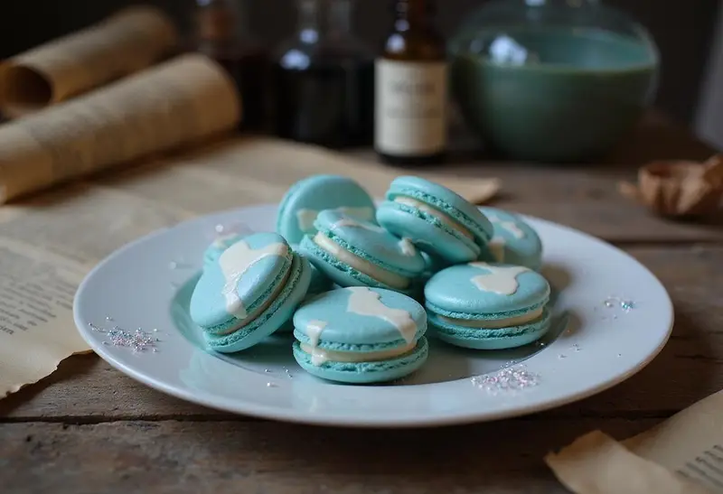 Close-up of beautifully decorated Harry Potter Pensieve Memory Macarons on a rustic wooden table, featuring blue and white swirled colors, in a cozy wizarding kitchen surrounded by potion bottles and parchment scrolls, capturing a magical dessert scene.