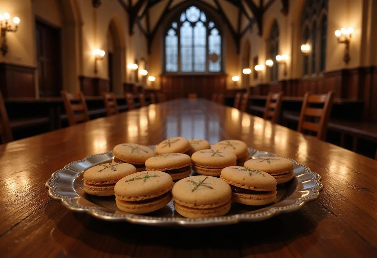 A tray of Harry Potter Pensieve Memory Macarons presented on a silver platter in Hogwarts' Great Hall, set amidst castle stone walls and candlelit tables, creating a magical feast scene with festive and mystical ambiance.