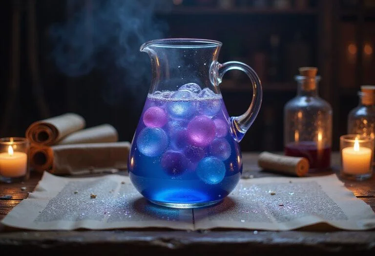 Close-up of a beautifully presented Polyjuice Potion Punch in a clear, ornate mug with colorful, swirling liquid and sparkling details, set amidst an array of magical ingredients and potion bottles on a dark wizard’s laboratory table, evoking the mystical world of Harry Potter.