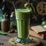 A realistic scene showing the Slytherin Serpent Smoothie in a magical kitchen, presented in a tall glass with green liquid and serpent-shaped garnish, surrounded by potion bottles and magical decor from Harry Potter.