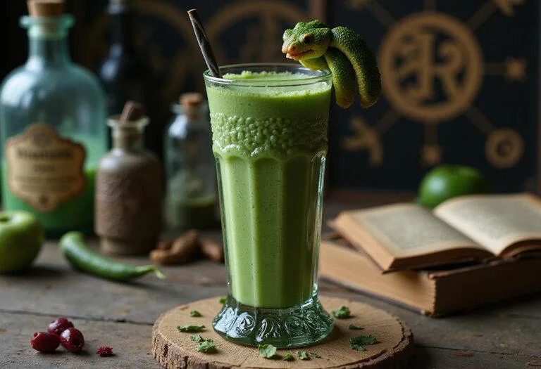 A realistic scene showing the Slytherin Serpent Smoothie in a magical kitchen, presented in a tall glass with green liquid and serpent-shaped garnish, surrounded by potion bottles and magical decor from Harry Potter.